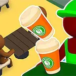 En rød figur iført en grøn hat og forklæde bærer to kaffekopper, mens en brun figur sidder ved et bord i et rum med gule gulve