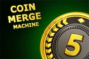 Gyldent møntdesign med tallet 5 og teksten COIN MERGE MACHINE på mørkegrøn baggrund
