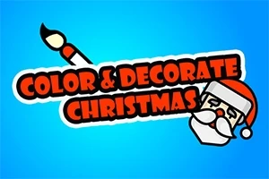Tekst Color & Decorate Christmas i rødt og sort med en malerpensel og et tegnet julemandsansigt på en blå baggrund