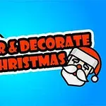 Tekst Color & Decorate Christmas i rødt og sort med en malerpensel og et tegnet julemandsansigt på en blå baggrund