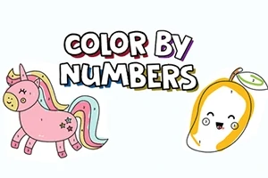 En tegning af en lyserød enhjørning med farverig manke og en glad, gul frugt med et grønt blad ved siden af teksten Color By Numbers