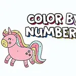 En tegning af en lyserød enhjørning med farverig manke og en glad, gul frugt med et grønt blad ved siden af teksten Color By Numbers