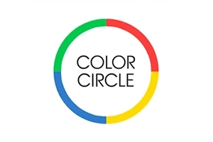 En flerfarvet cirkel med segmenter i grøn, rød, gul, og blå, der omgiver teksten Color Circle på hvid baggrund