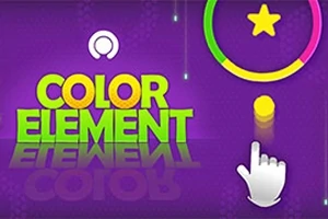 Teksten COLOR ELEMENT i grøn og gul på en lilla baggrund med en farverig cirkel, en stjerne og en hvid hånds-ikon, der peger på en gul prik