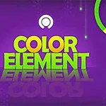 Teksten COLOR ELEMENT i grøn og gul på en lilla baggrund med en farverig cirkel, en stjerne og en hvid hånds-ikon, der peger på en gul prik