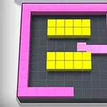 Lyserøde og gule blokke arrangeret på et sort kvadratisk gitter