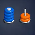 Tre søjler på en mørk baggrund med farvede ringe, hvor den midterste søjle har tre blå ringe og en hvid top, og de to yderste søjler har orange ringe