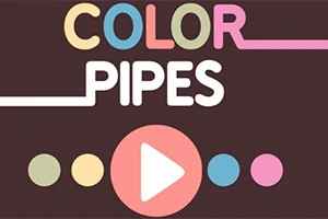 Teksten COLOR PIPES i forskellige farver med en stor play-knap omgivet af farvede cirkler på en mørk baggrund