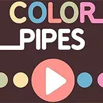 Teksten COLOR PIPES i forskellige farver med en stor play-knap omgivet af farvede cirkler på en mørk baggrund