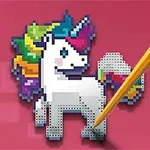 En pixelkunst enhjørning med farverig manke på lyserød baggrund og en blyant i forgrunden