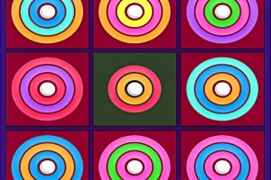 Ni farverige koncentriske cirkler arrangeret i et gitter på en mørkerød baggrund