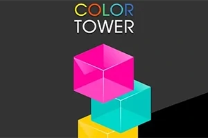 Farverige gennemsigtige terninger stablet oven på hinanden mod en mørk baggrund med teksten Color Tower øverst