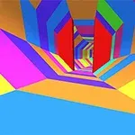 Farverig tunnel med geometriske former i lyse nuancer af blå, pink, gul og rød