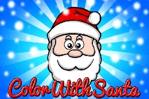En tegning af julemandens ansigt med en rød nissehue foran en blå strålebaggrund og teksten Color With Santa nedenunder