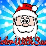 En tegning af julemandens ansigt med en rød nissehue foran en blå strålebaggrund og teksten Color With Santa nedenunder