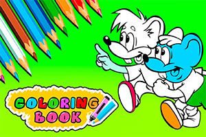 To tegnede figurer og en skylt med teksten Coloring Book sammen med farvede blyanter på en grøn baggrund