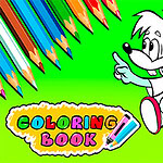 To tegnede figurer og en skylt med teksten Coloring Book sammen med farvede blyanter på en grøn baggrund