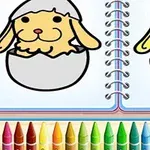 To tegninger af hundehvalpe, der kommer ud af æg på hver sin side af en notesbog med farveblyanter under