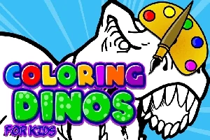 Tegning af en dinosaur med en malepalette og farverige bogstaver, der staver Coloring Dinos for Kids