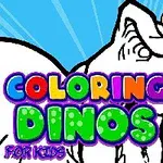 Tegning af en dinosaur med en malepalette og farverige bogstaver, der staver Coloring Dinos for Kids