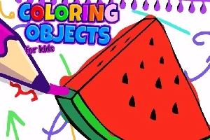 En skive vandmelon bliver farvet med en lilla farveblyant, omgivet af farverige doodles og teksten Coloring Objects for Kids
