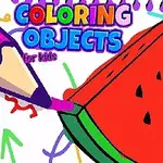 En skive vandmelon bliver farvet med en lilla farveblyant, omgivet af farverige doodles og teksten Coloring Objects for Kids