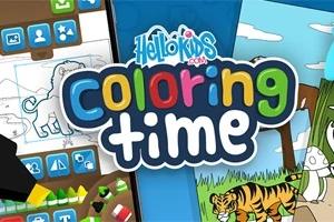 Farverig illustration med teksten coloring time, omgivet af tegninger og farveblyanter
