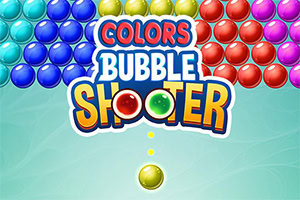 Farverige bobler langs kanten omkring logoet Colors Bubble Shooter på turkis baggrund med en gul boble nederst
