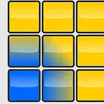 Et 3x3 gitter med blå og gule firkanter, hvor de midterste firkanter har en gradient mellem blå og gul