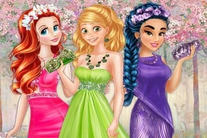 Tre animerede kvinder i farverige kjoler står foran et blomsterfyldt bagtæppe