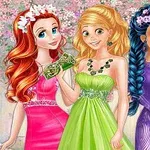 Tre animerede kvinder i farverige kjoler står foran et blomsterfyldt bagtæppe