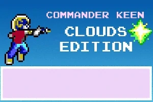 Tegneseriefigur med hjelm og pistol ved teksten Commander Keen Clouds Edition på blå baggrund