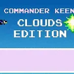 Tegneseriefigur med hjelm og pistol ved teksten Commander Keen Clouds Edition på blå baggrund