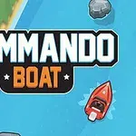 Titeltekst Commando Boat med en rød speedbåd i en blå flod omgivet af græs og sten