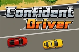 To biler, en rød og en gul, kører på en vej nær sand og vegetation med teksten Confident Driver øverst