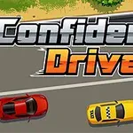 To biler, en rød og en gul, kører på en vej nær sand og vegetation med teksten Confident Driver øverst