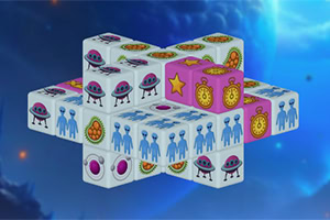 3D blokke med rumskibe, aliens og stjerner mod en blå himmelbaggrund