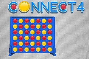 Blå spilleplade med røde og gule brikker arrangeret i rækker, med teksten CONNECT 4 øverst