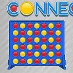 Blå spilleplade med røde og gule brikker arrangeret i rækker, med teksten CONNECT 4 øverst