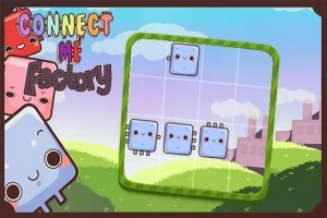 Et farverigt landskab med søde, firkantede figurer i et gitter ved siden af teksten Connect Me Factory