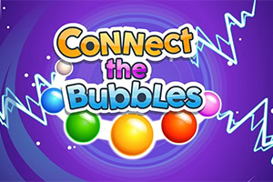Farverigt logo med teksten Connect the Bubbles, omgivet af glinsende bobler på en lilla spiralbaggrund med blå lynmønstre