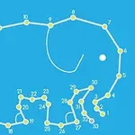 Et forbind-punkterne billede af en elefant på en blå baggrund med nummererede punkter i gul