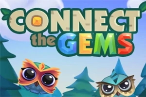 Illustration med teksten Connect the Gems i farverige bogstaver med to tegneserieugler foran en baggrund af træer