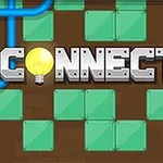 Grå tekst med ordet CONNECTOR og en lysende pære på en baggrund af grønne firkanter og blå rør