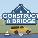 En gul lastbil kører over en bro i et landskab med træer, en hus og en sejlbåd, hvor der står Construct A Bridge i tekst