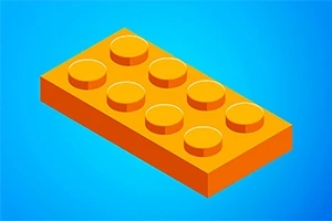 En orange LEGO-klods med otte knopper på en blå baggrund