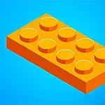 En orange LEGO-klods med otte knopper på en blå baggrund