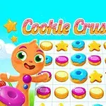 Illustration af et farverigt spiltema med en glad kiksfigur, skinnende donuts og stjerner på et grid, omgivet af slikkepinde og skyer