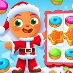 En tegneseriefigur i julemandsdragt står ved siden af et puslespil med farverige kager