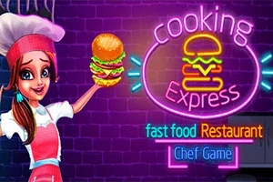 En kvindelig kok i en lyserød uniform holder en burger ved siden af neon-skiltet med ordlyden cooking express mod en lilla murstensbaggrund